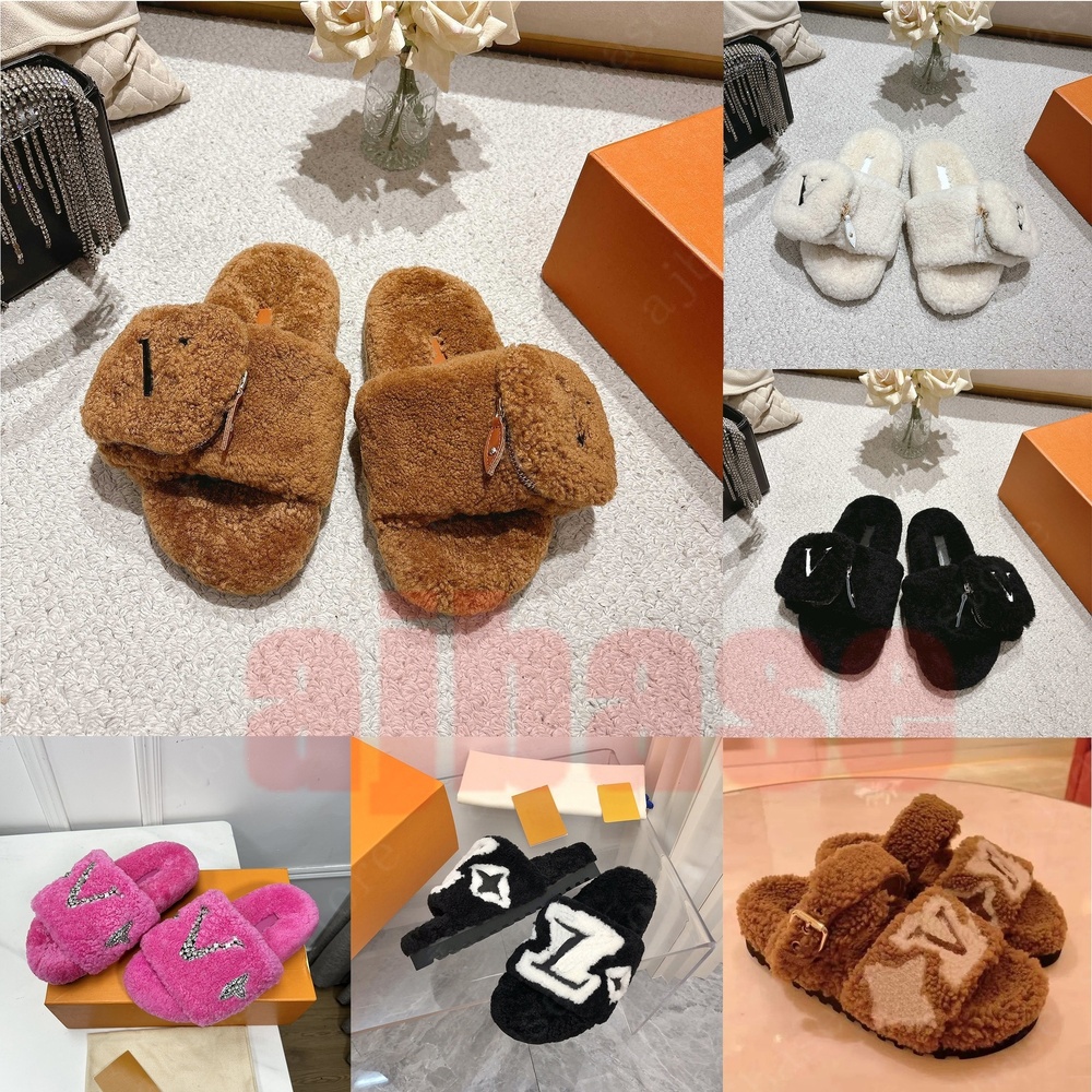 Designer Wallet Wool Slippers Womens Ladies Fur Slides Luxury Winter Warm Letters Paris Sandals Mens Comfortable Fuzzy Flat Girl Home Fluffy Furry With Strap 35-45
