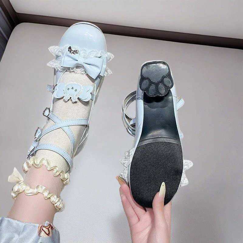 Lovely Girls Lolita Bowknots Rabbit Pumps ShoesWomen Students Cute Cat Claw Heel Ankle Straps Mary Janes W250910