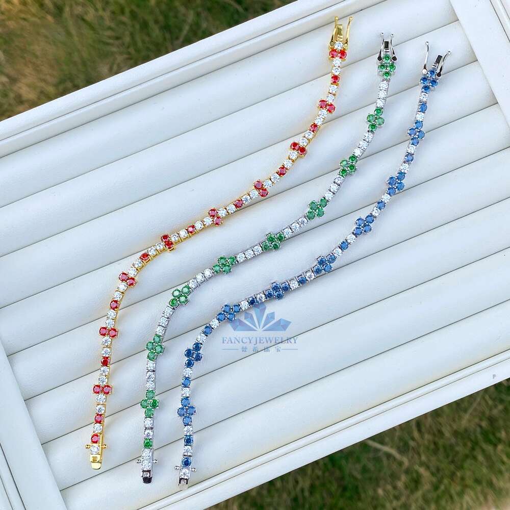 New Arrival 3mm VVS Moissanite Dia Iced Four Leaf Clover Cross Tennis Chain Bracelet Sier Fashionable Femme Design