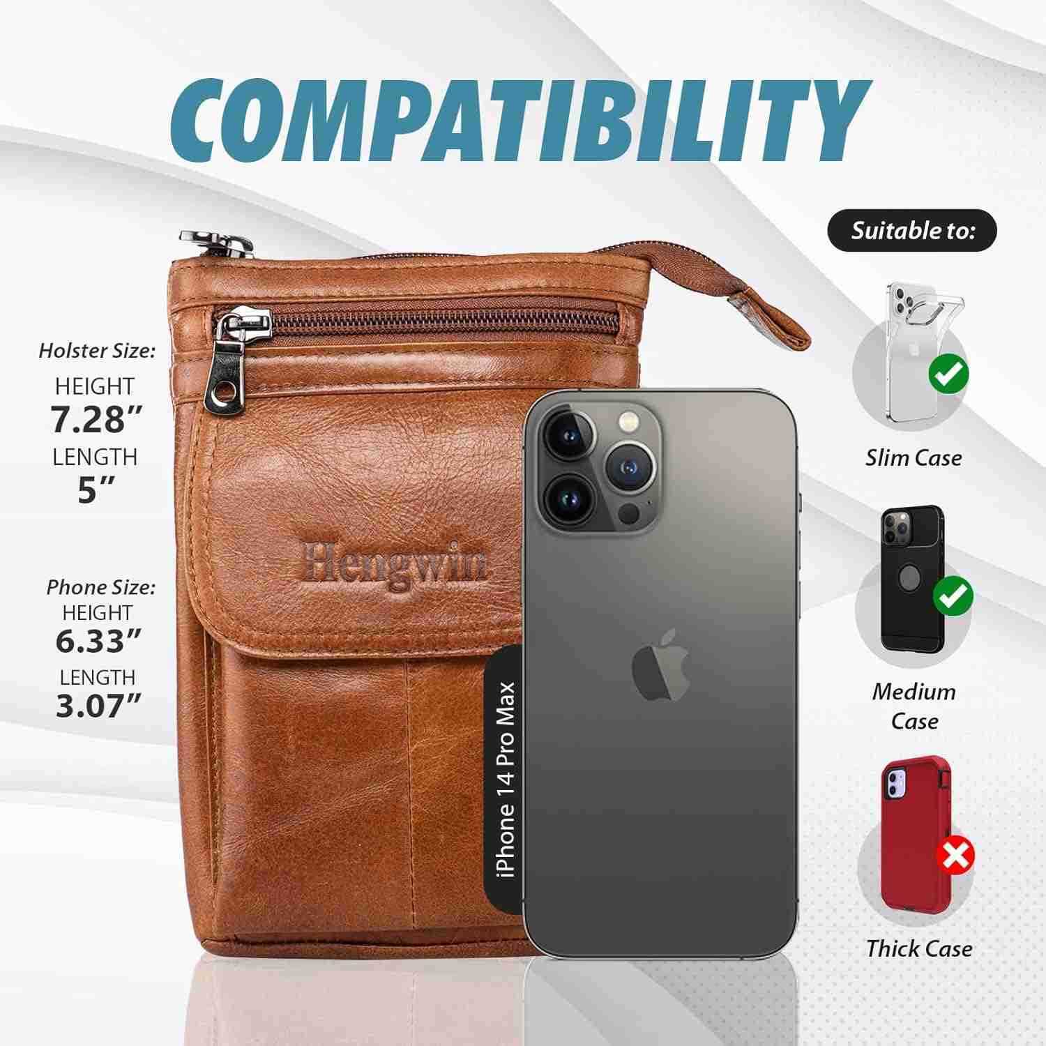 Genuine Leather Cell Phone Holster Fit for iPhone 16 15 14 13 Pro Max Note 9 8 S25 S24 S23 Ultra Wallet Case with Belt Clip Passport Pouch Small Cros 