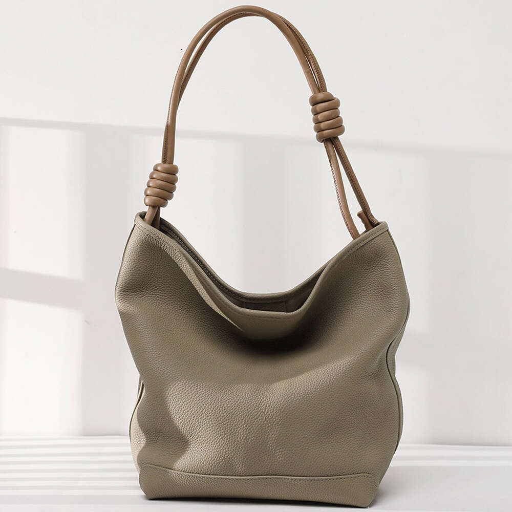 Designer Top Layer Cowhide Bucket For Women New Tote Bag With Braided Rope Soft Genuine Leather Lazy Style Underarm Bag Handbag