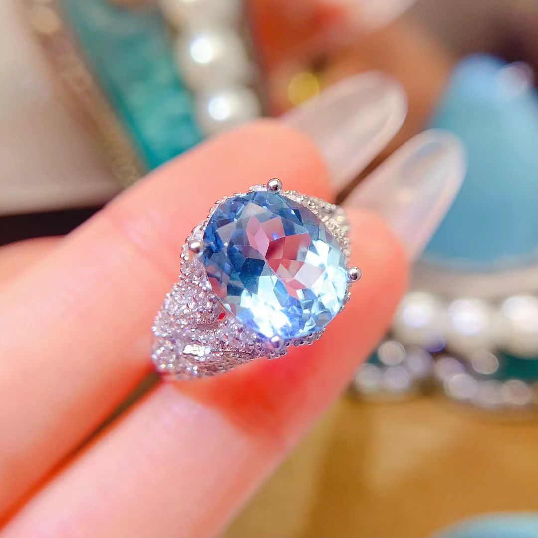 Sky blue gemstone silver ring natural topaz jewelry 9mm*11mm 4ct genuine topaz ring for party birthday gift for women