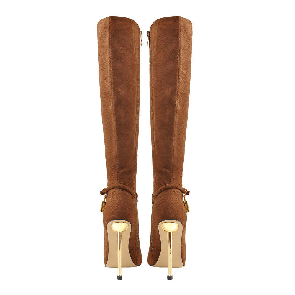 Chengdu Artisan Genuine Suede Knee High Boots - Metal Heel Lock Detail Pointed Toe Boots (Brown/Black/Custom) Size 46 Luxury Riding Boots