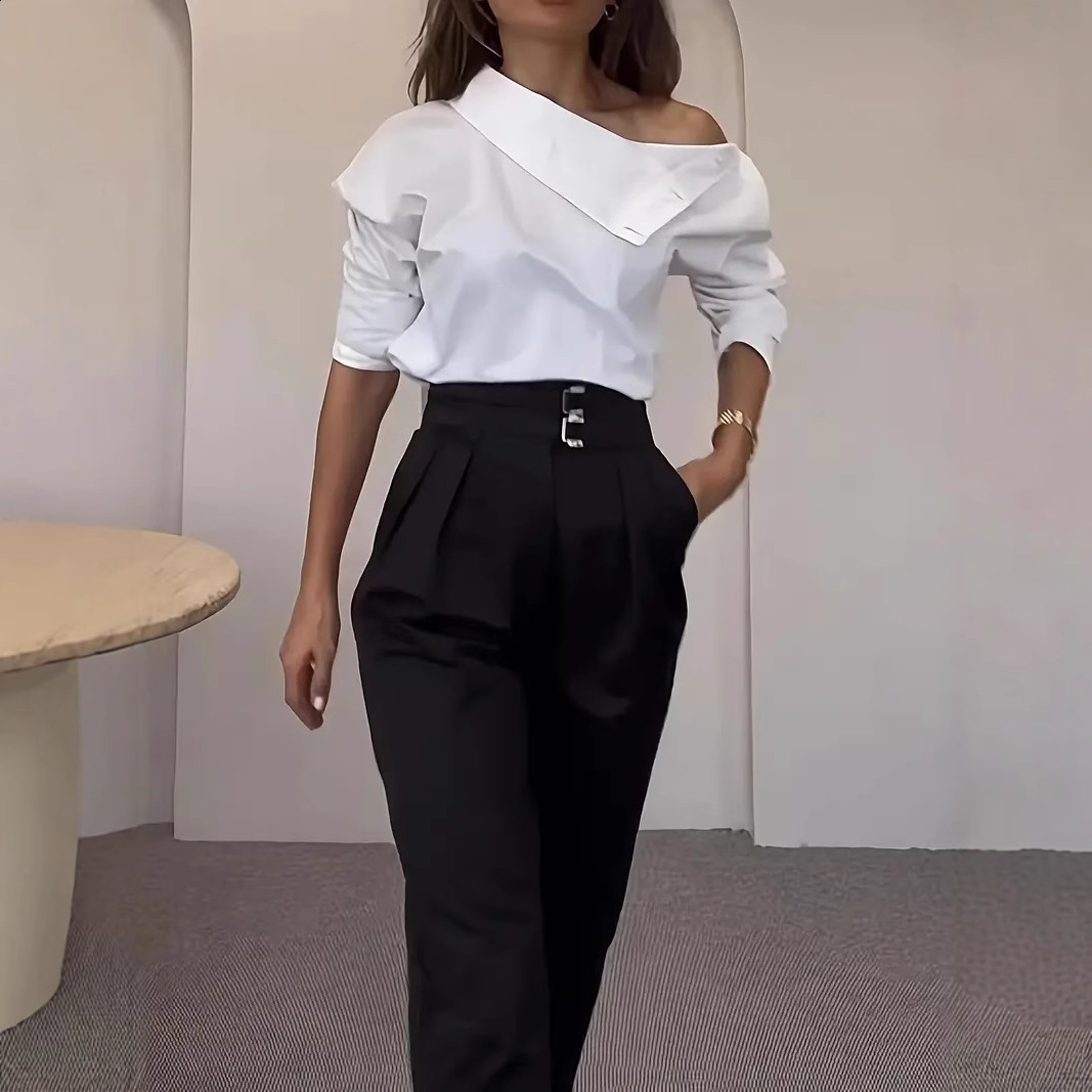 High Neck Off Shoulder Womens Top Multiple Wearing Styles Gold Button 210323