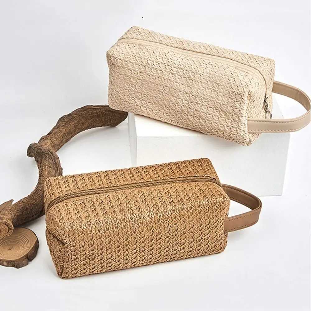 Portable Fashion Makeup Bags Square Solid Color Woven Purse Handheld Largecapacity Cosmetic Storage Bag TravelXJ250910