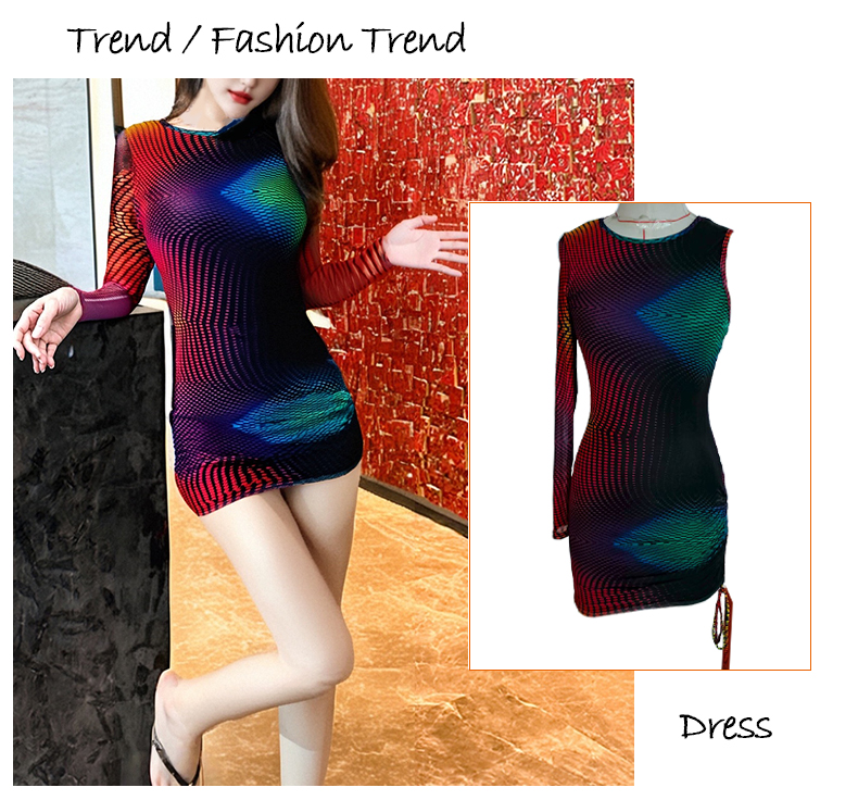 Skirts Women's Long - Sleeve Bodycon Mini Dress with Colorful 3D Pattern, Sexy Party Clubwear
