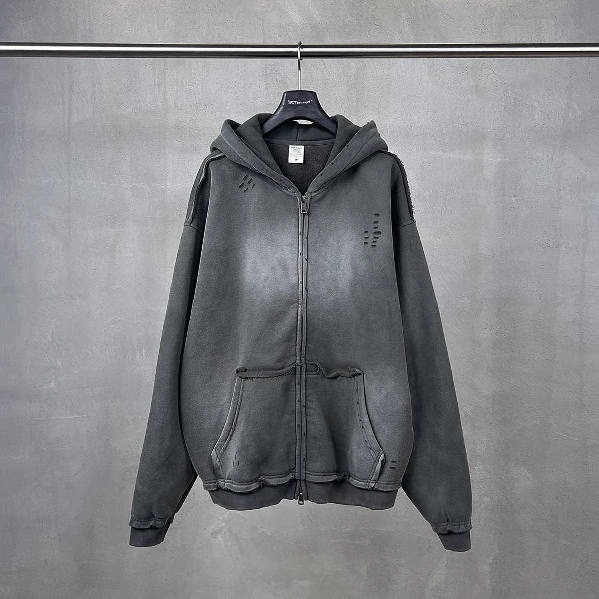 Mens Zip Up Hoodies Y2k Distressed Washed Oversize Cardigan Hoodie Plus Plush Tiedye Fraying Hooded Sweatshirt Autumn Winter X250910