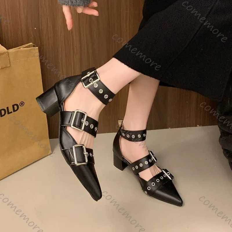 Comemore Retro Belt Buckle Pointed Pumps Chunky High Heeled Riveted Shoes Hollowed Out Solid Womens Baotou Thick Heel Sandals W250910