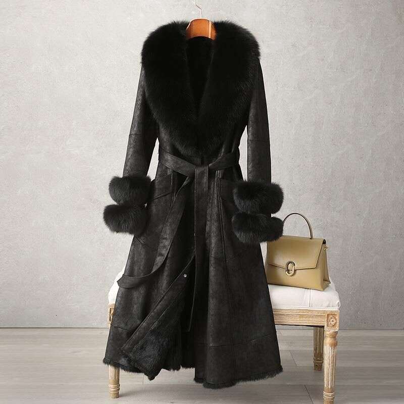 Women's Clothing Rabbit 2024 New Mid Length Women's Over The Knee Fox Fur Collar Coat Slim Fit