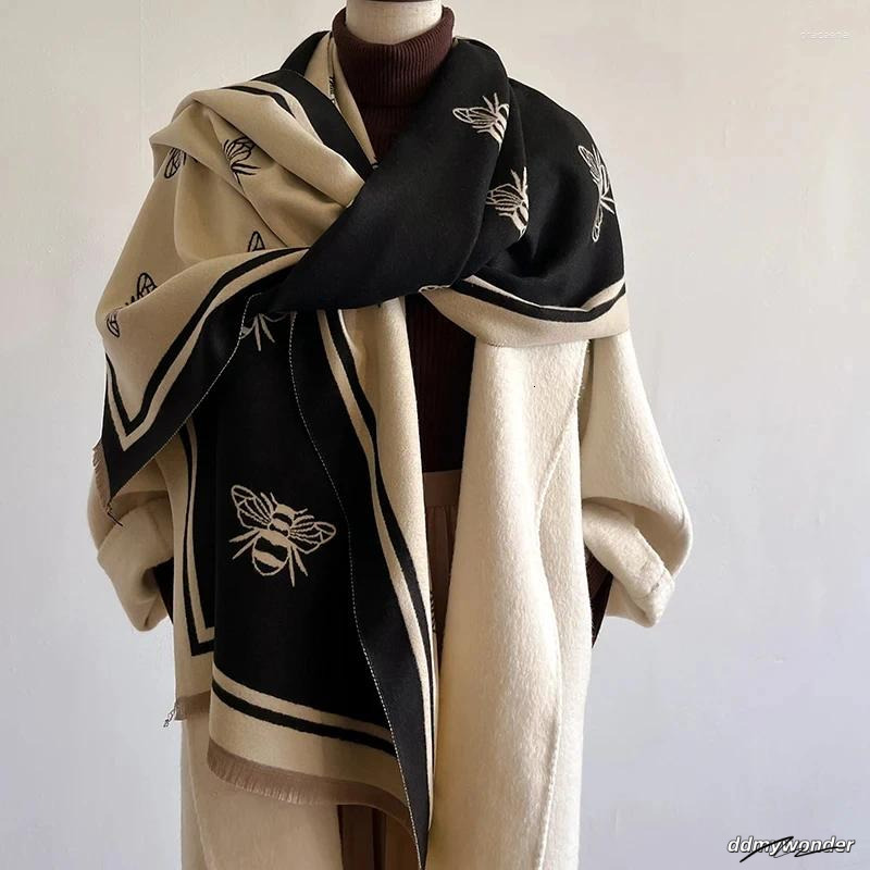 Scarves 2024 Winter Cashmere Shawl Women High-End Temperament Short Fringe Warm Bib Double-Sided Printed Scarf Dual-Purpose