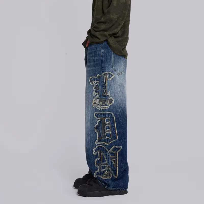Y2K Vintage Side Letter Patch Womens Jeans American Design Sense Hiphop Blue Loose Wideleg Pants Couple Streetwear Jeans Z250910