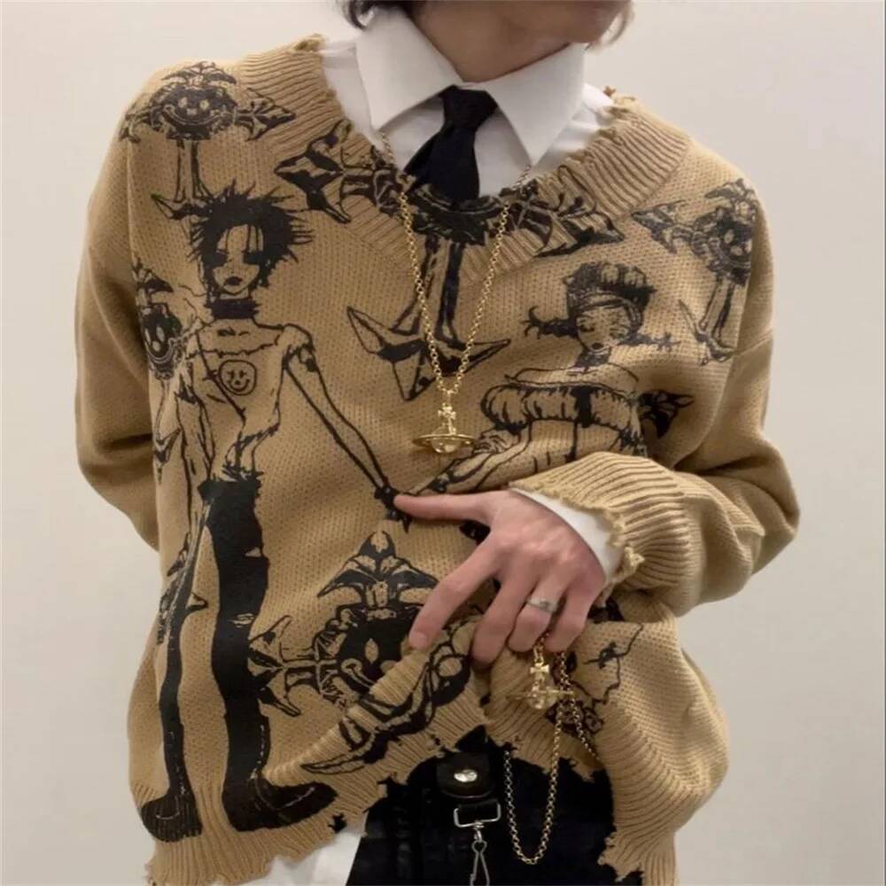 Autumn and Winter New Dark Retro Knitted American Street Trend Y2K Round Neck Loose Hooded Sweater dongdumaoyi