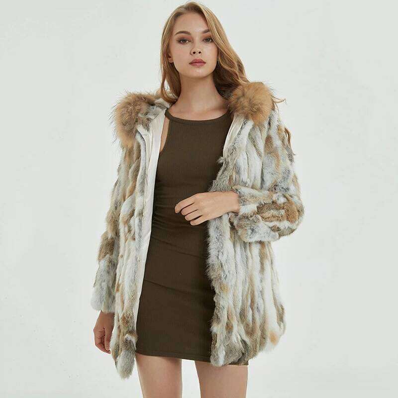 Designer Clothing 2025 Women Natural Hooded Coat Winter Warm 100% Genuine Jacket With Raccoon Collar Lady Real Rabbit Fur Outerwear Luxury Bag