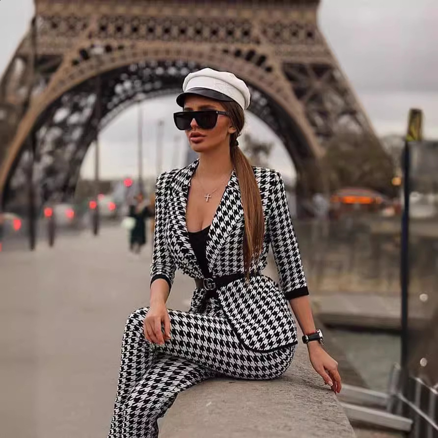 Houndstooth Women Long Sleeve Turn down Collar Jacket & long Pants Autumn Winter 2 Pieces Set for Women Outfits Lady Pants Sets LJ201126