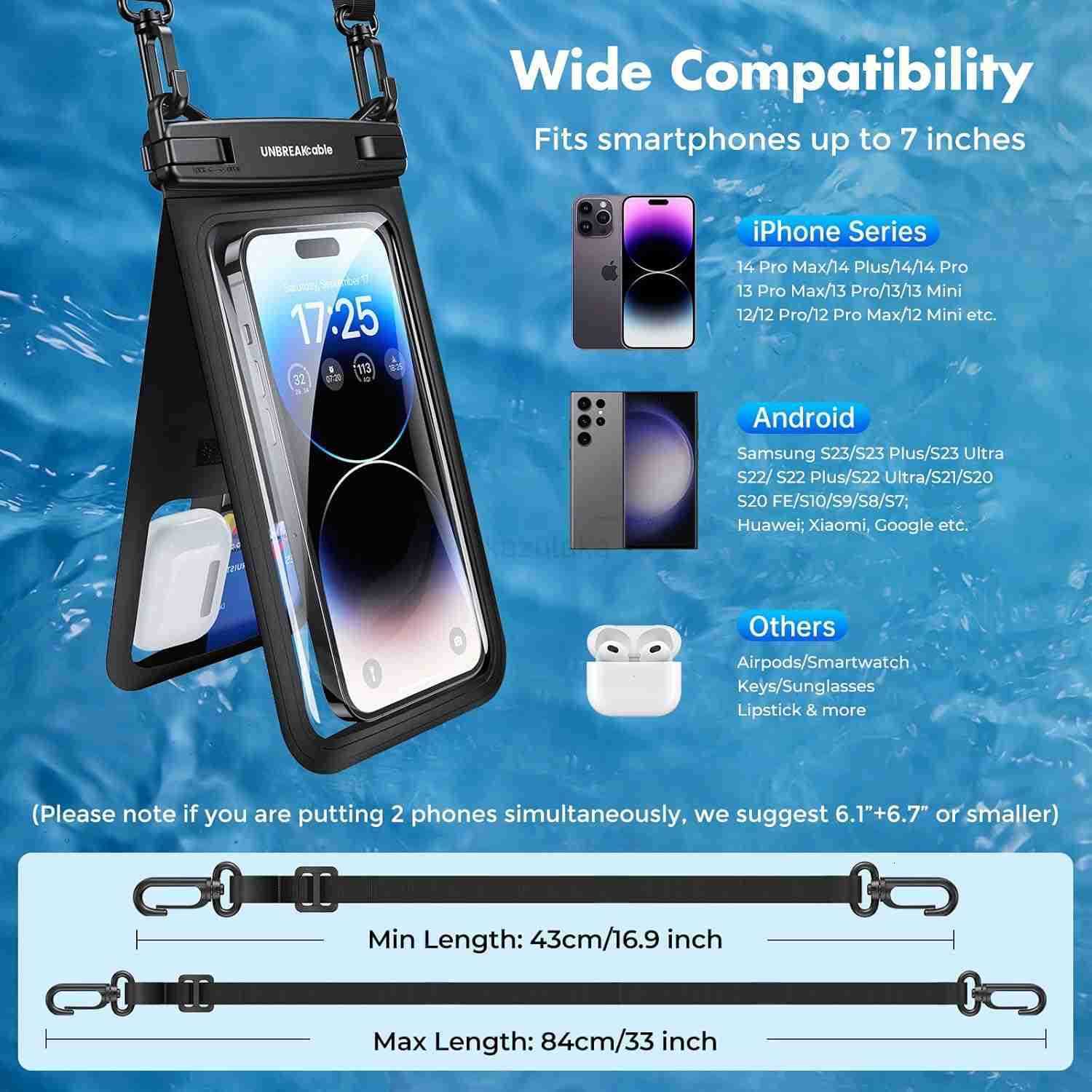 IPX8 Waterproof Phone Pouch 2Pack Double Space Waterproof Phone Case for iPhone 15 16 Pro Max up to 7 Cellphone Dry Bag with Lanyard for Vacation Beac