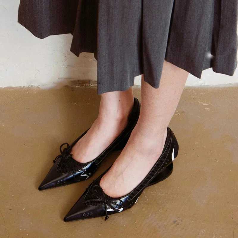 Big Size 43 Special Heel Spliced Heels Pointed Toe Heels Womens Fashion Shallow Mouth Bow NonSlip Mary Jane Single Shoes W250910