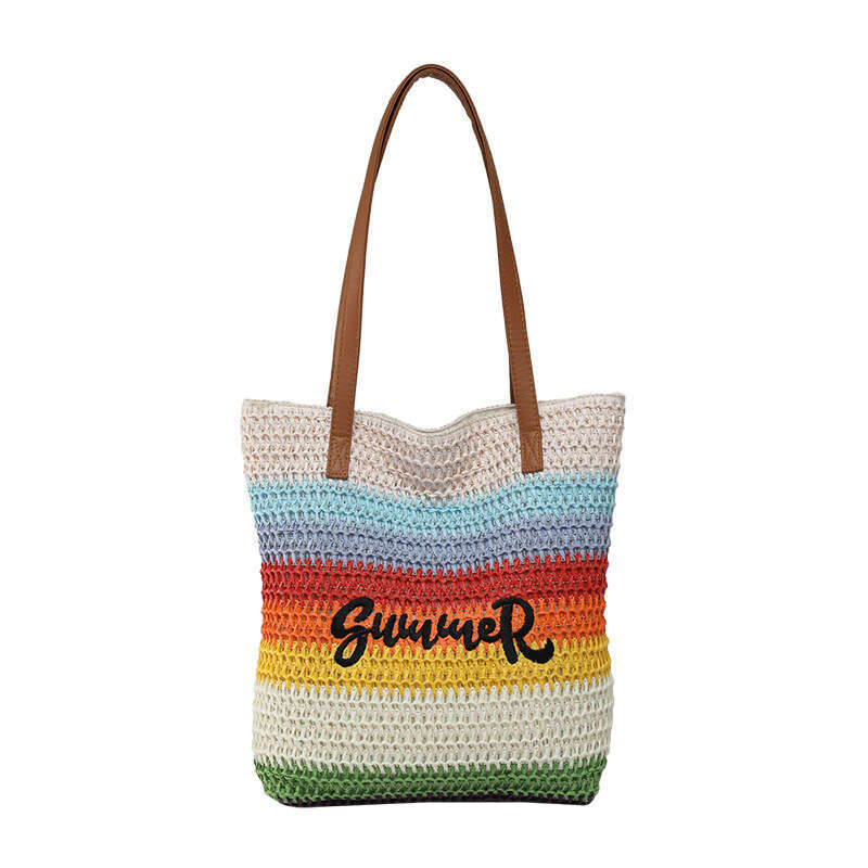 Lanjia- Handmade Straw Tote For Women, Large Capacity Commuter Bucket Single Shoulder Underarm Bag, Unique Rainbow Color Block Shopping Bag B2df9
