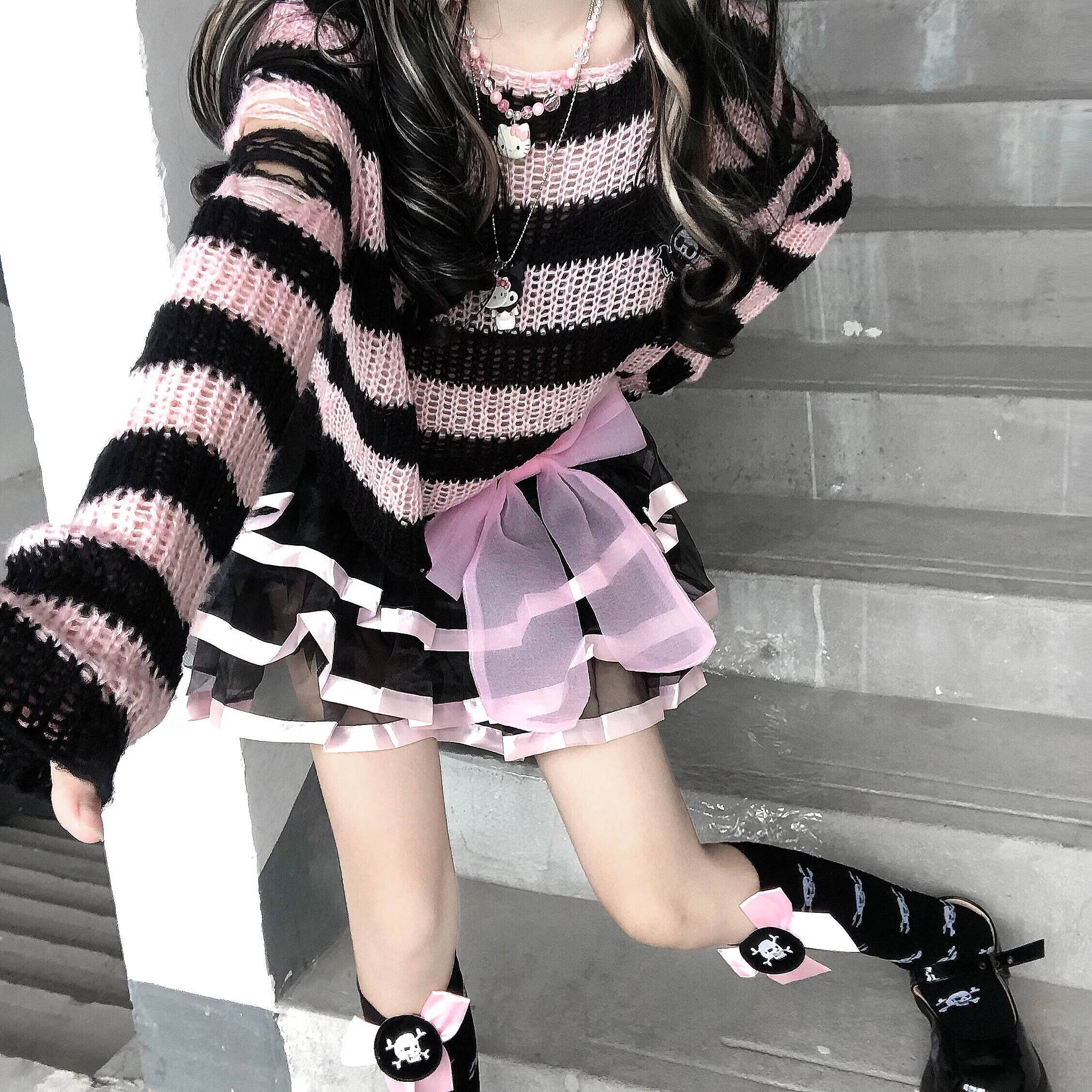 Karrram Pink Striped Gothic Sweaters Women Ripped Holes Loose Knitted Pullover Frayed Fairy Grunge Jumpers Emo Streetwear Lolita dongdumaoyi