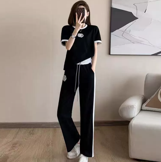 High-End Casual Sports Suit for Women Summer Thin Street Fashionable Trendy Youthful Wide-Leg Pants Fashion Two-Piece Set 250718