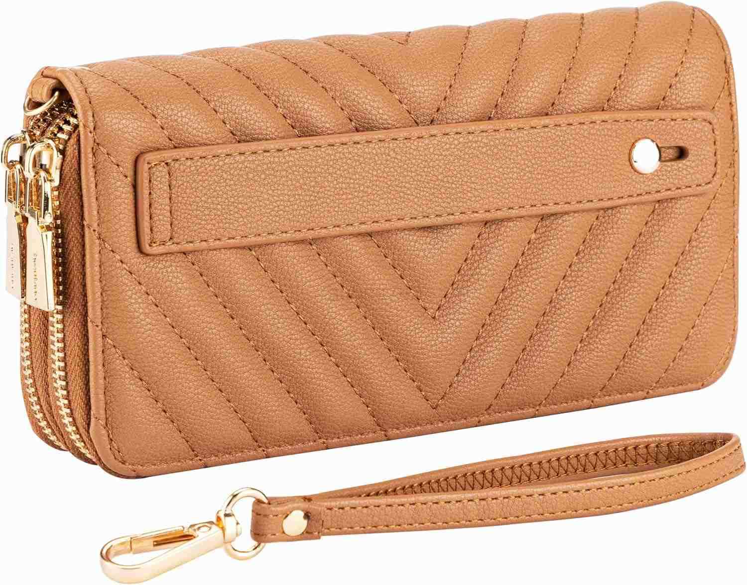 Vegan Leather Double Zipper Pocket Wallet with Grip Hand Strap Chevron Embroidered BlackZ250910