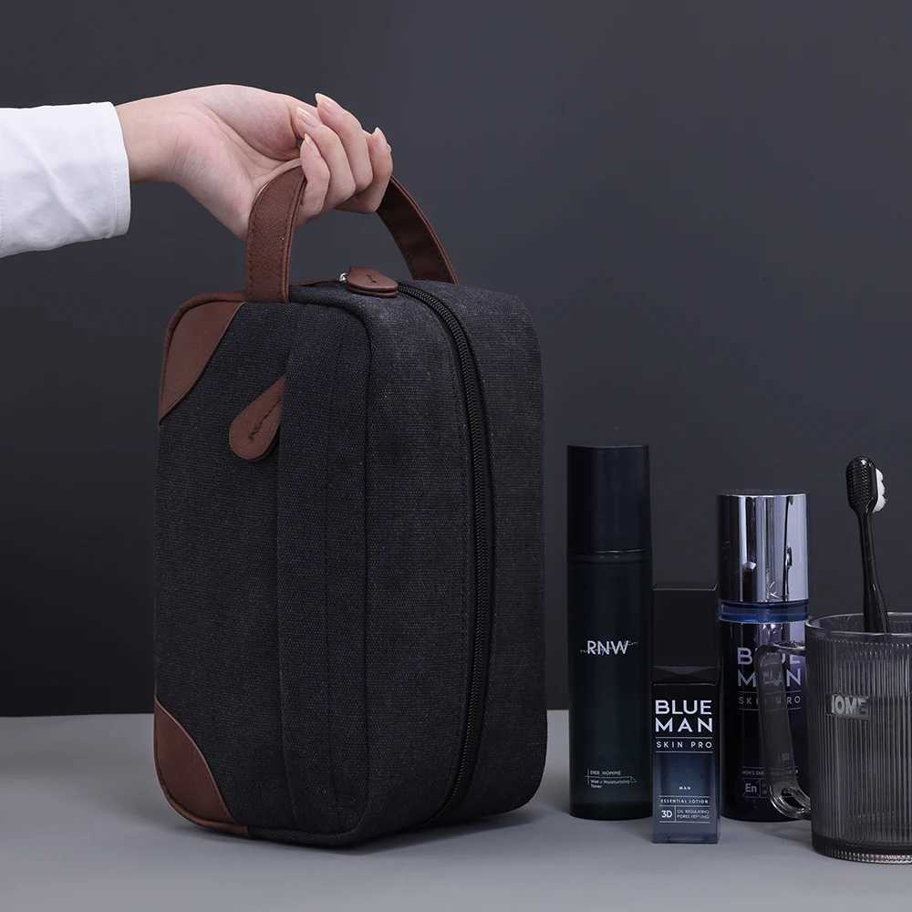 Large Capacity Leather Canvas Men Wash Shaving Women Toiletry Storage Waterproof Makeup Travel Organizer Retro Cosmetic BagXJ250910