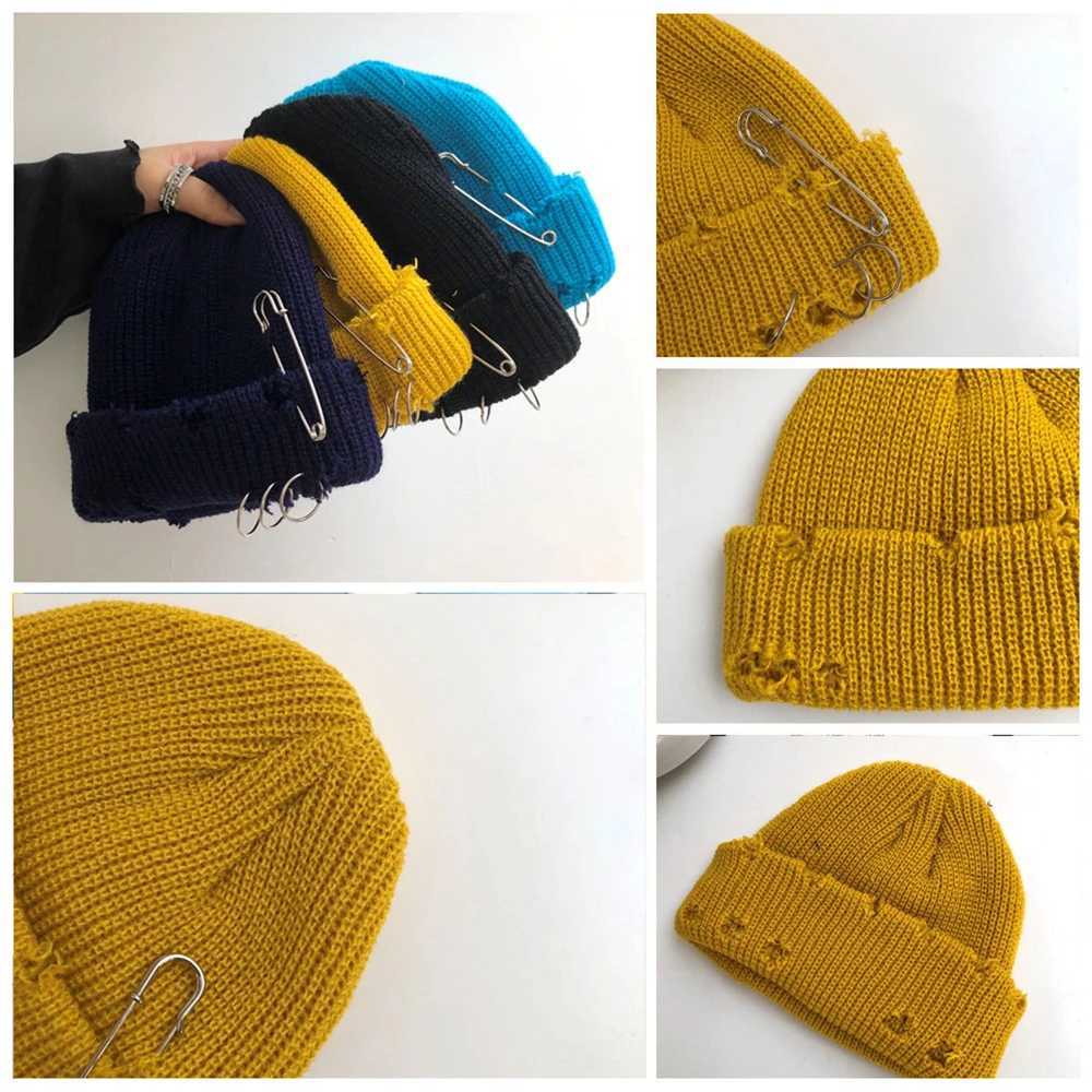 Unisex Autumn Winter Hip Hop Hole Hat Grinding Knitted Bonnets Hats Metal Pin Briml Hats Beanie Outdoor Melon C StreetwearXJ250910