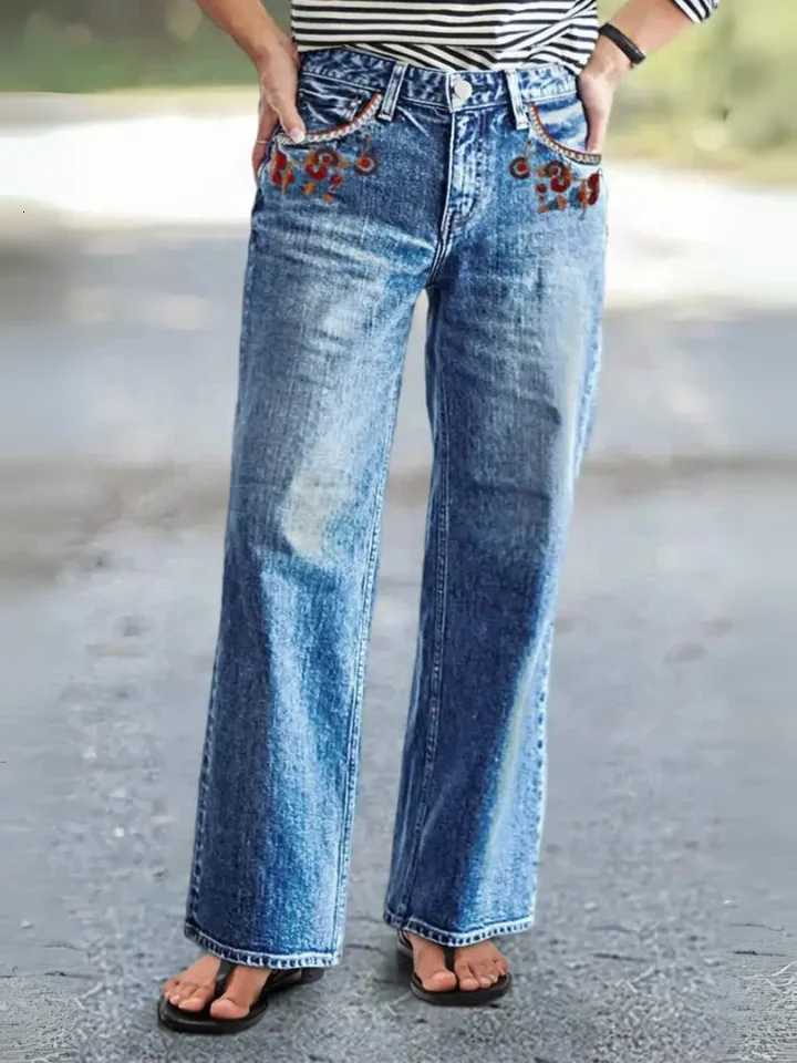 HMEWomens straightleg highwaisted loosefit buckle wash denim jeans retro style loose straightleg fit highquality Z250910