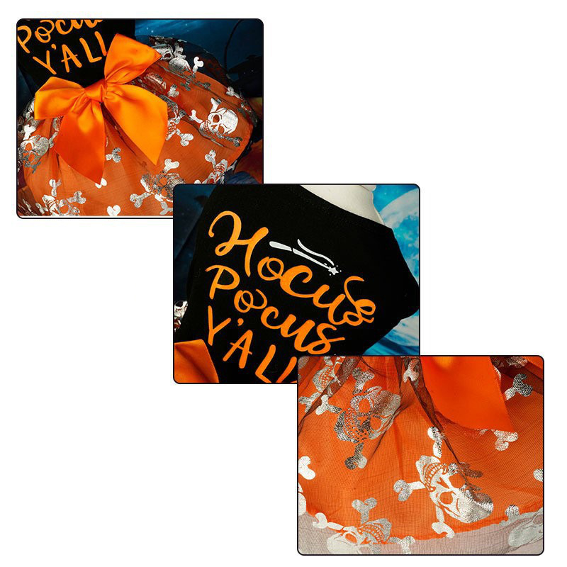 Halloween Dog Dress with Hocus Pocus Y'all Print, Silver Skeleton Skull Pattern Tutu Skirt & Big Orange Bowknot, Perfect for Halloween Parties, T