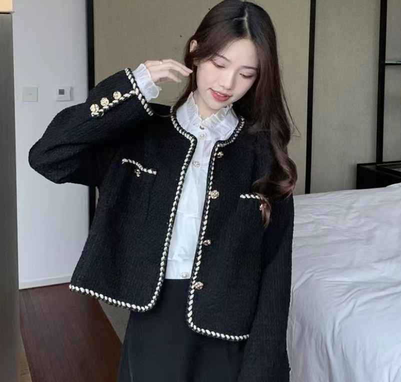 MEXZT Vintage Tweed Jacket Women Elegant Cropped Quilted Coat Commute Black Blazer Winter Ladies Korean Short Outerwear Tops 250718