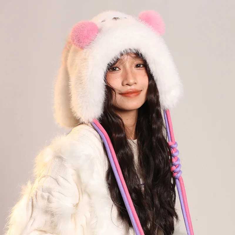 Cute powder blusher bear plush hat warm ear protection Lei Feng hat is suitable for outdoor cold protection in autumn and winterXJ250910
