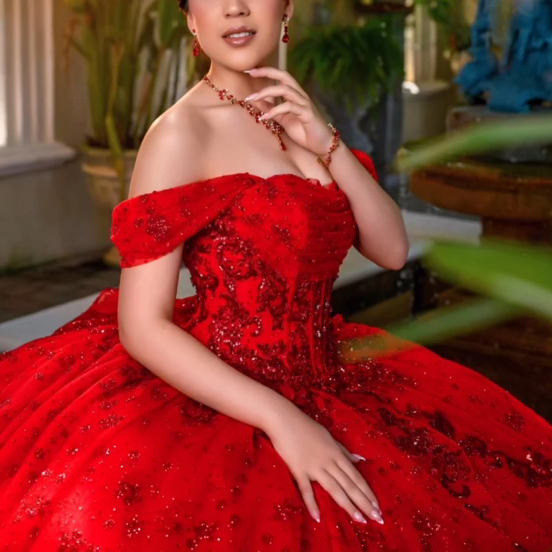 Red Shiny Quinceanera Dresses Ball Gown Off The Shoulder Sequin Applique Lace Beads Tiered Tull Sweet 16 Dress Vestidos 15 De Anos