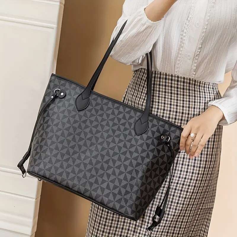 2Pc Women's High-Quality Light Print Commuting Fashion Large Capacity Tote Classic Son Mother Brown Printed Shoulder Bag