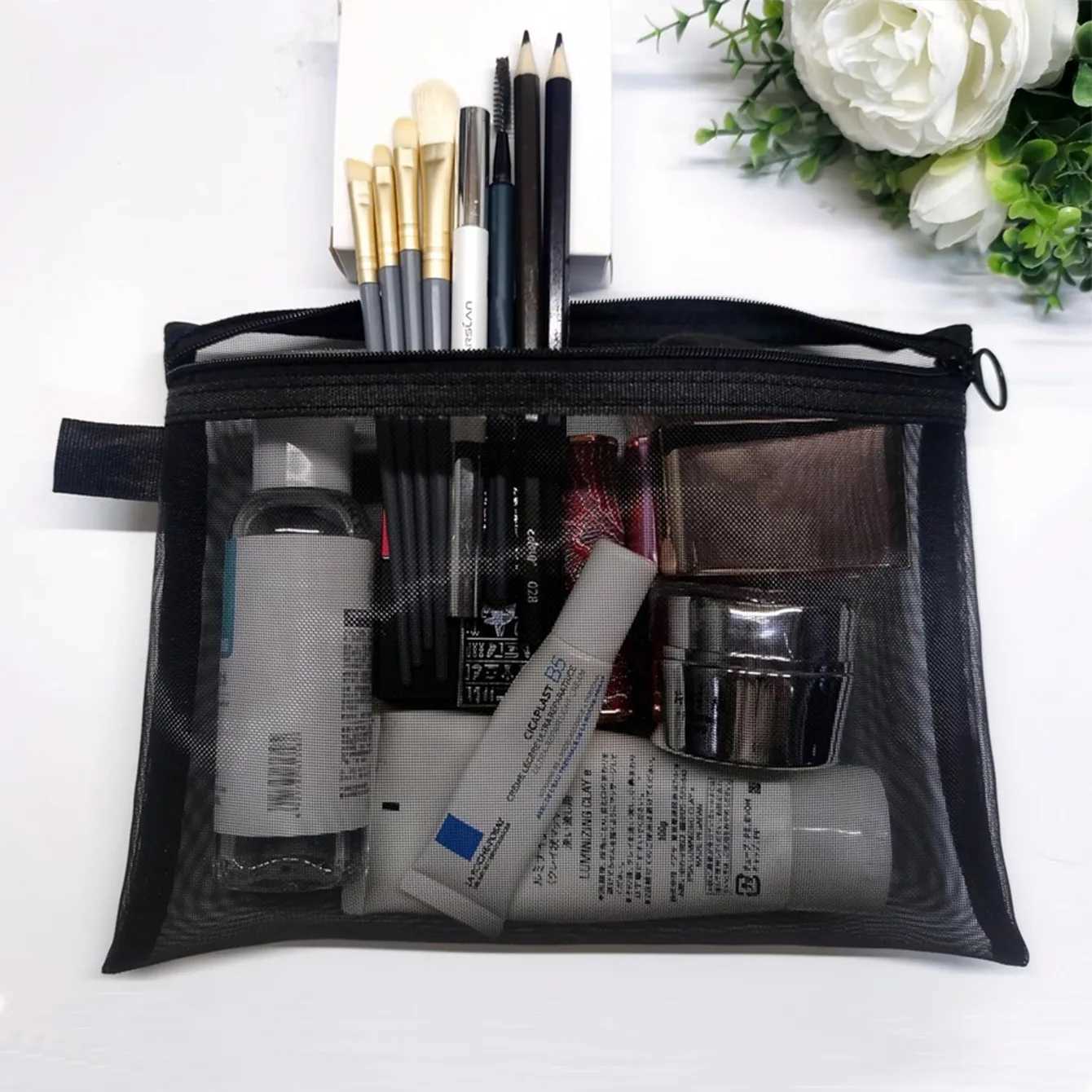Women Mesh Cosmetic Bag Travel Storage Makeup Bag Organizer Female Make Up Pouch Portable Small Large Toiletry Beauty CaseXJ250910
