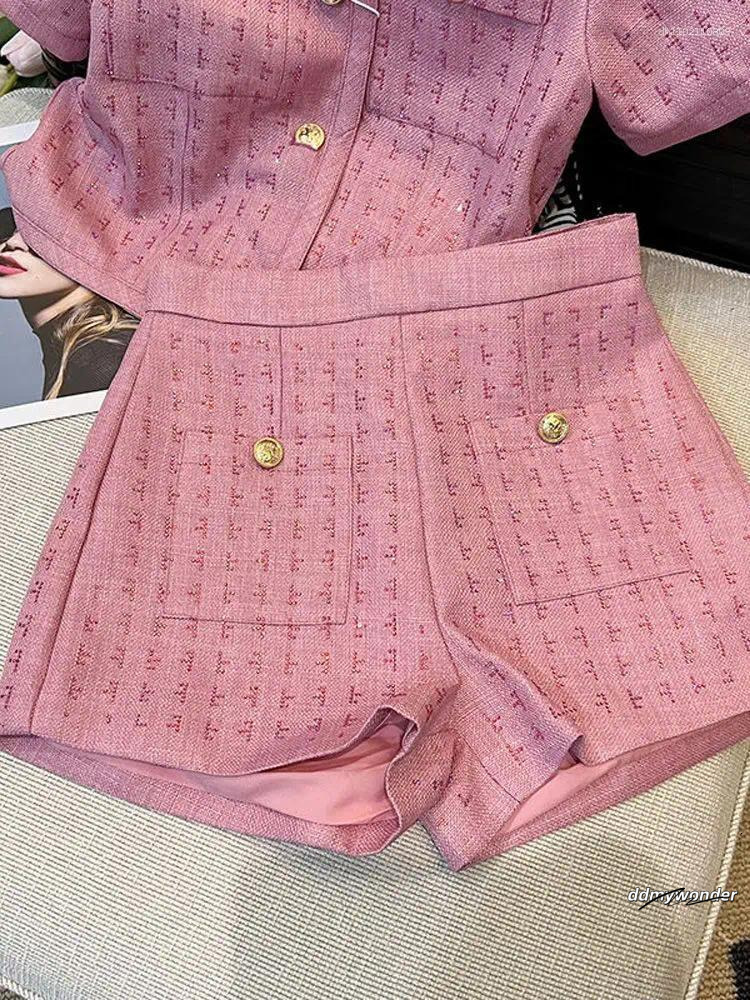 Women's Two Piece Pants BAFU Summer Pink Tweed 2 Set Women Short Sleeve Jacket Wide Legs Shorts Suit Runway Celebrity Coat Clothes 003P