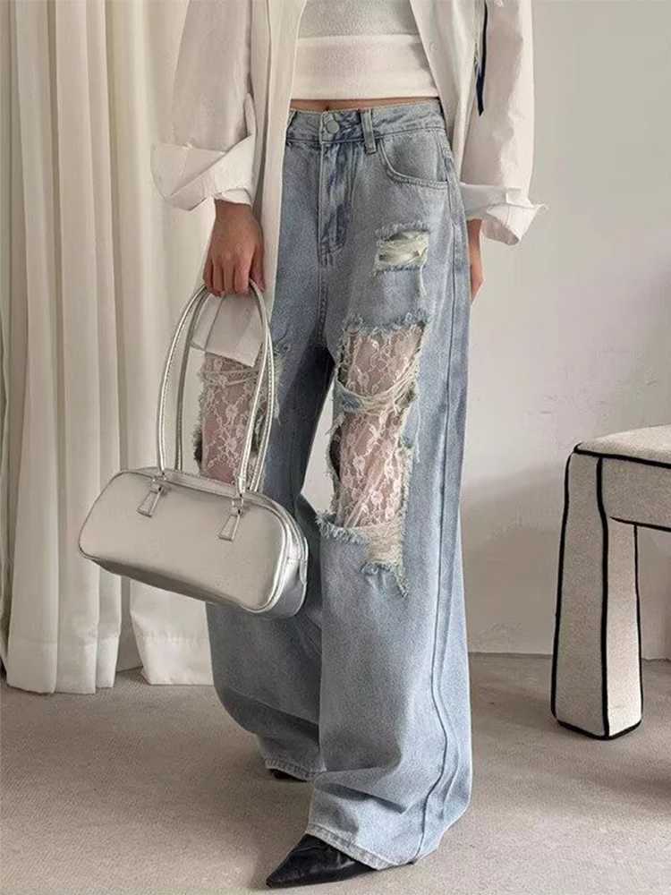 2025 Womens Y2K American Style High Waist Lace Spliced Denim Pants Loose Wide Leg Trousers Fashion Hottie Hole Patchwork Jeans Z250910