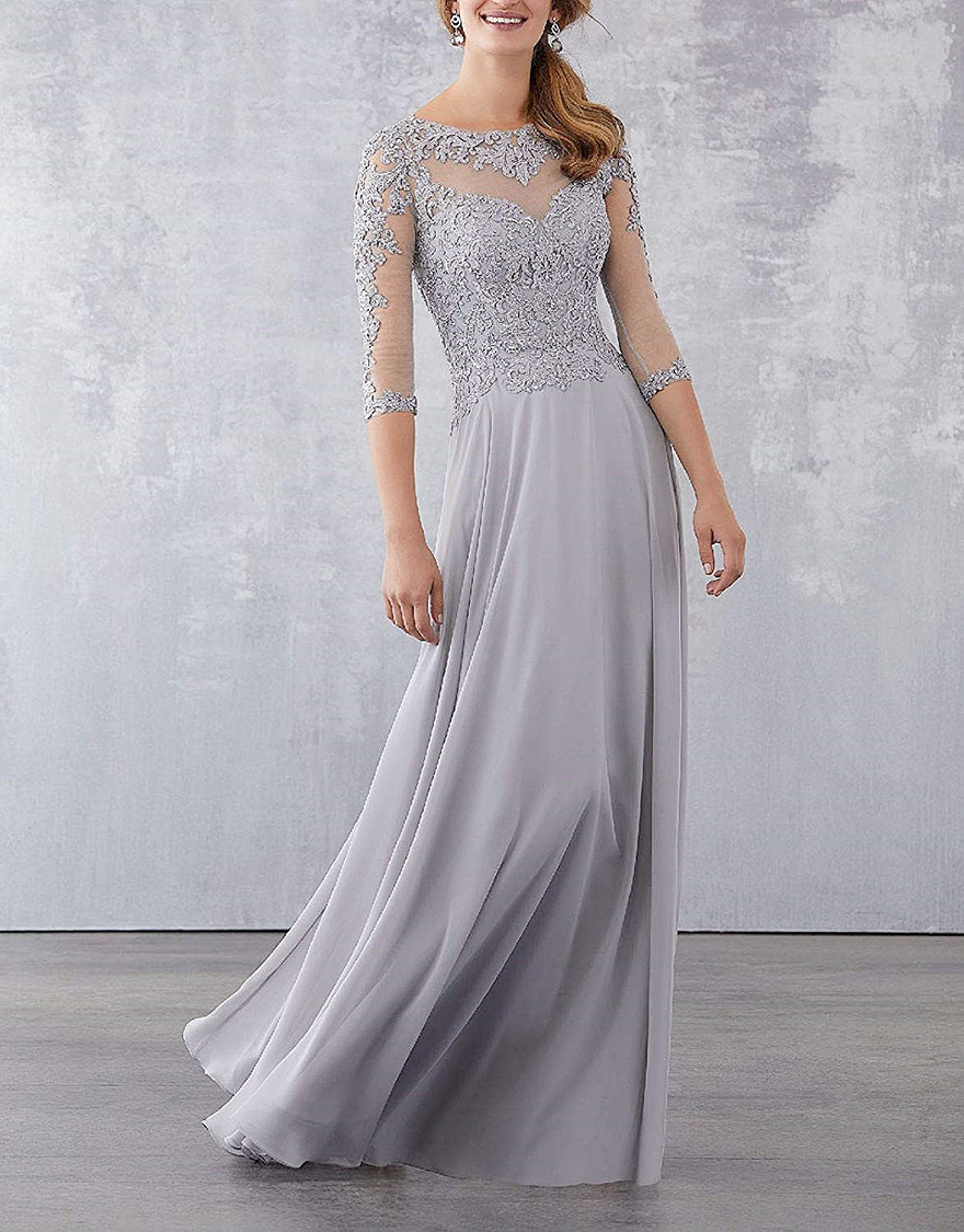 Purple Lace Applique Beaded Mother of the Bride Dresses Elegant Three Quarter Sleeve Long Chiffon Evening Formal Mother Dress