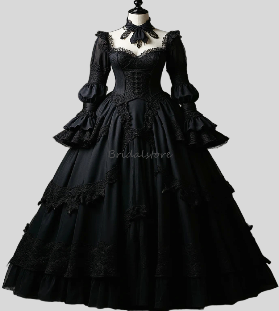 Victorian Bustle Black Gothic Evening Dress Halloween Costume Medieval Ethereal Fairy Prom Dress Long Sleeve Lace Vestio De Novias 2025 Vampire Cospla