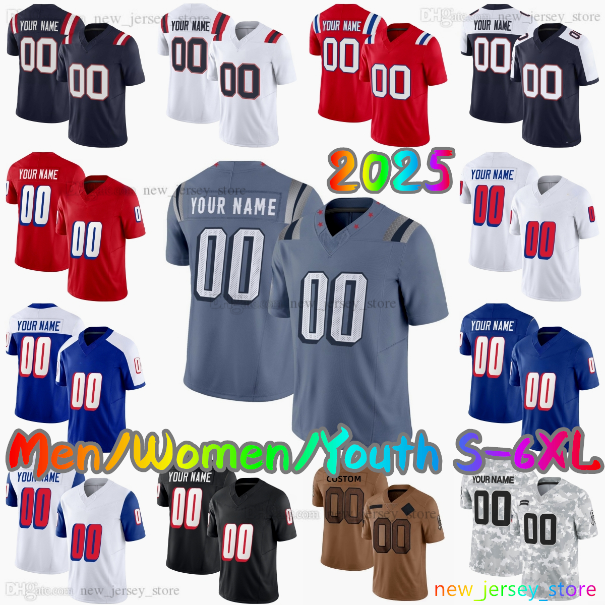 2025 Custom S-6XL DIY 10 Drake Maye Football Jersey 0 Christian Gonzalez 32 TreVeyon Henderson 8 Stefon Diggs 66 Will Campbell 12 Tom Brady Keion White Stitched Jerseys