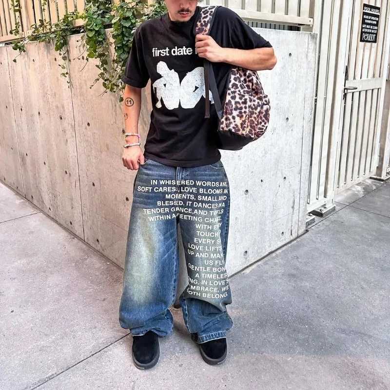 Deeptown Vintage Letter Print Women Man Jeans Y2k Harajuku Washed Wide Leg American Style Denim Pants Baggy Hip Hop Streetwear Z250910