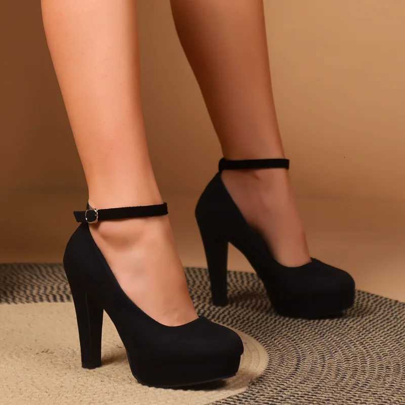Spring Women Pumps Flock Sweet Thick High Heels Ankle Strap Female Platform Classic Round Toe Dress Cute Shoes Ladies Footwear W250910