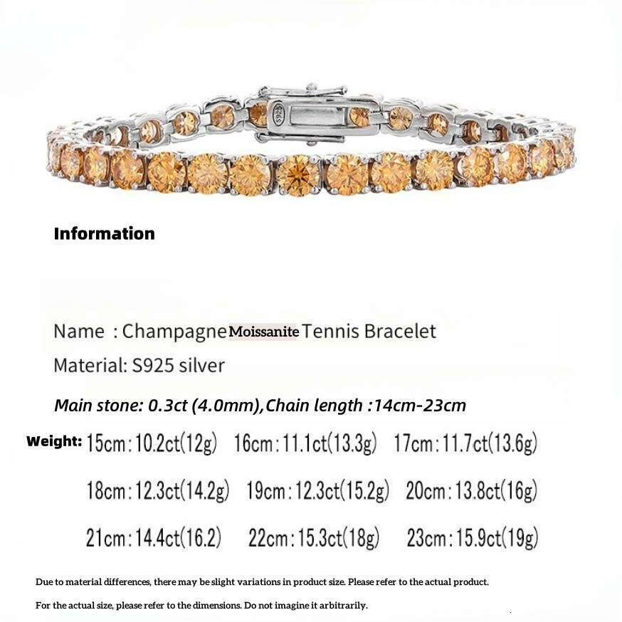 Factory Wholesale Price S Sterling Sier Champagne Moissanite Tennis Bracelet Unisex 0.01ct-1ct in Stock