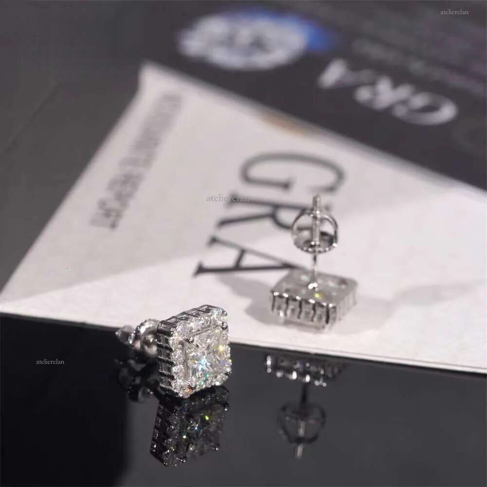 Pass Tester GRA Certified VVS Dia Sterling Sier Princess Cut Moissanite Stud Earrings