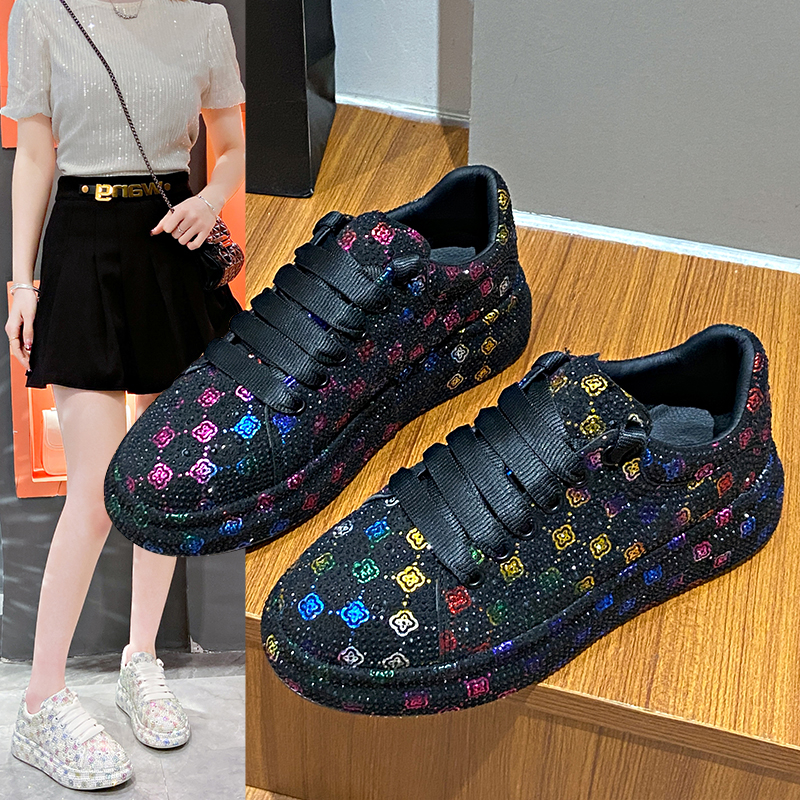 Designer Women's Platform Shoes Black and White Women's Sparkling Crystal Sports Shoes Fashion Leisure Luxury Rhinestone Shoes Casual Female