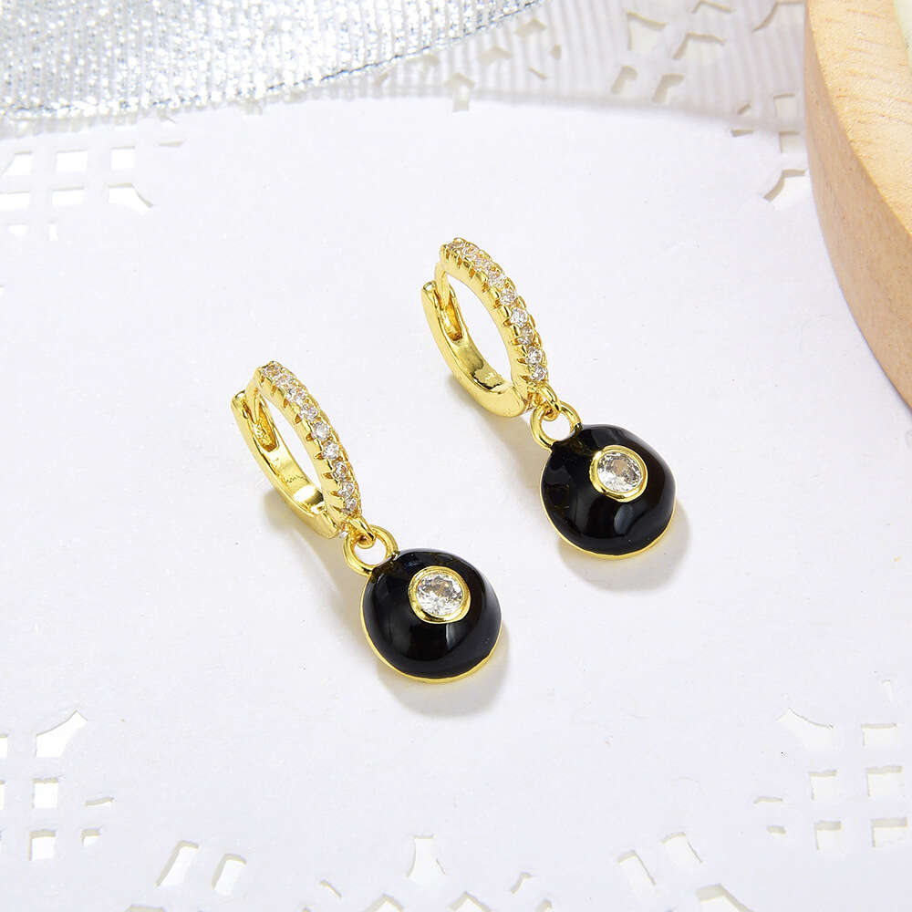 Ethnic Style Geometric Round Copper Micro Inlaid Zircon Gold for Women Fashion OL Oil Drop Earrings Single Sale