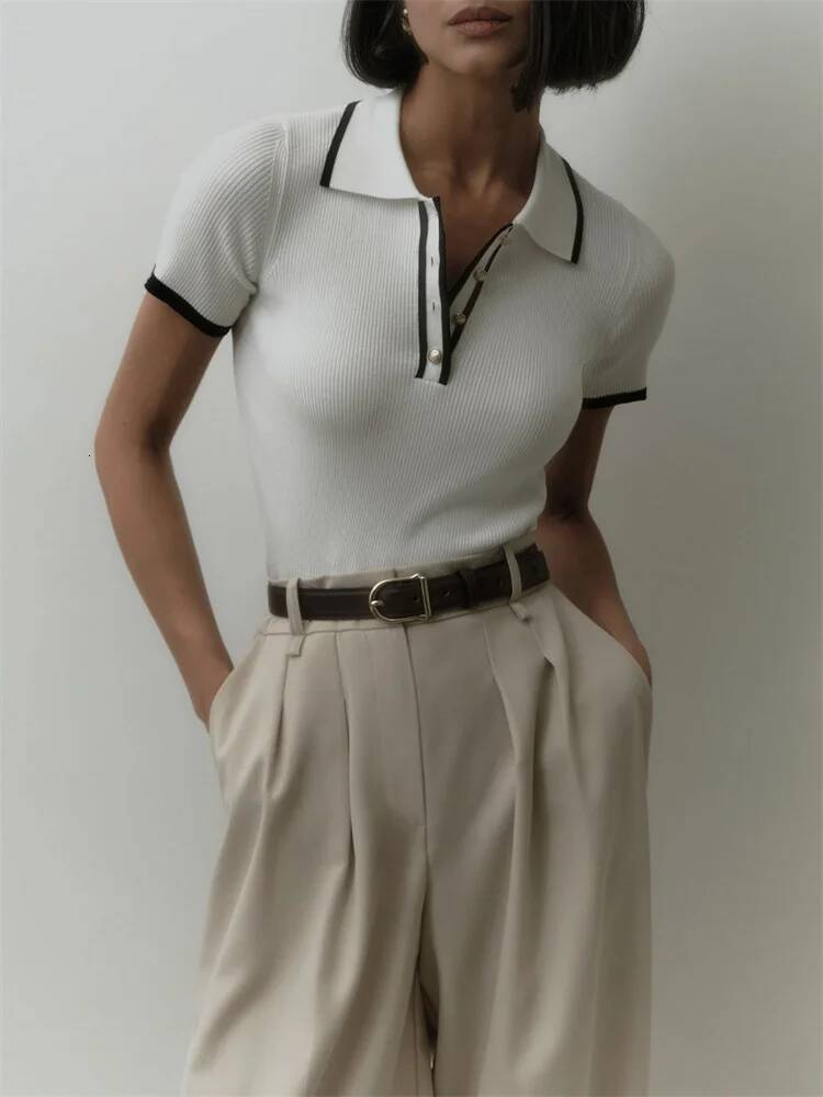 Knit Sweater Women Short Sleeve Patchwork Slim Lapel Elegant Contrast Knitwear Top Female Skinny Ribbed Pullover dongdumaoyi