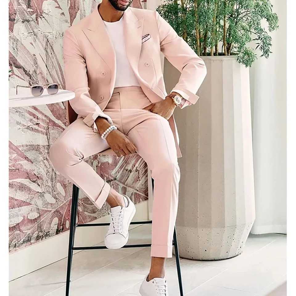 Elegant Groomsmen Men Suits Double Breasted Peak Lapel Flat Front Pink Solid Color High End 2 Piece Jacket Pants Male Clothing W250910