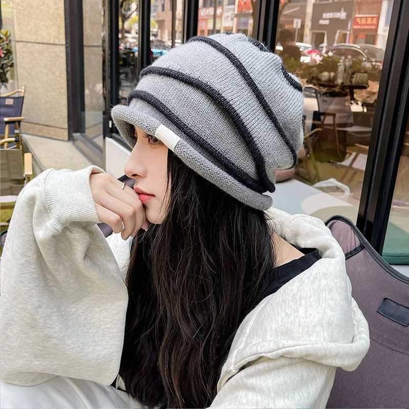 RICYGVM Korean Wen Rold Edge Plover Hat Baggy Slouchy Beanie Autumn Winter Ear Warm Skls Fashion Girl Kint Woon G250910