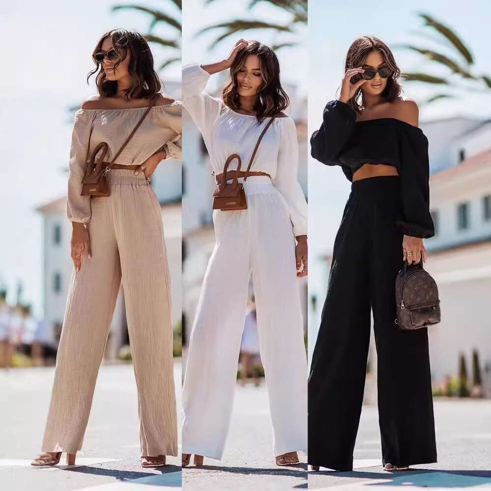 2024 European and American new short-sleeved off-shoulder top straight-leg pants solid color commuting two-piece set