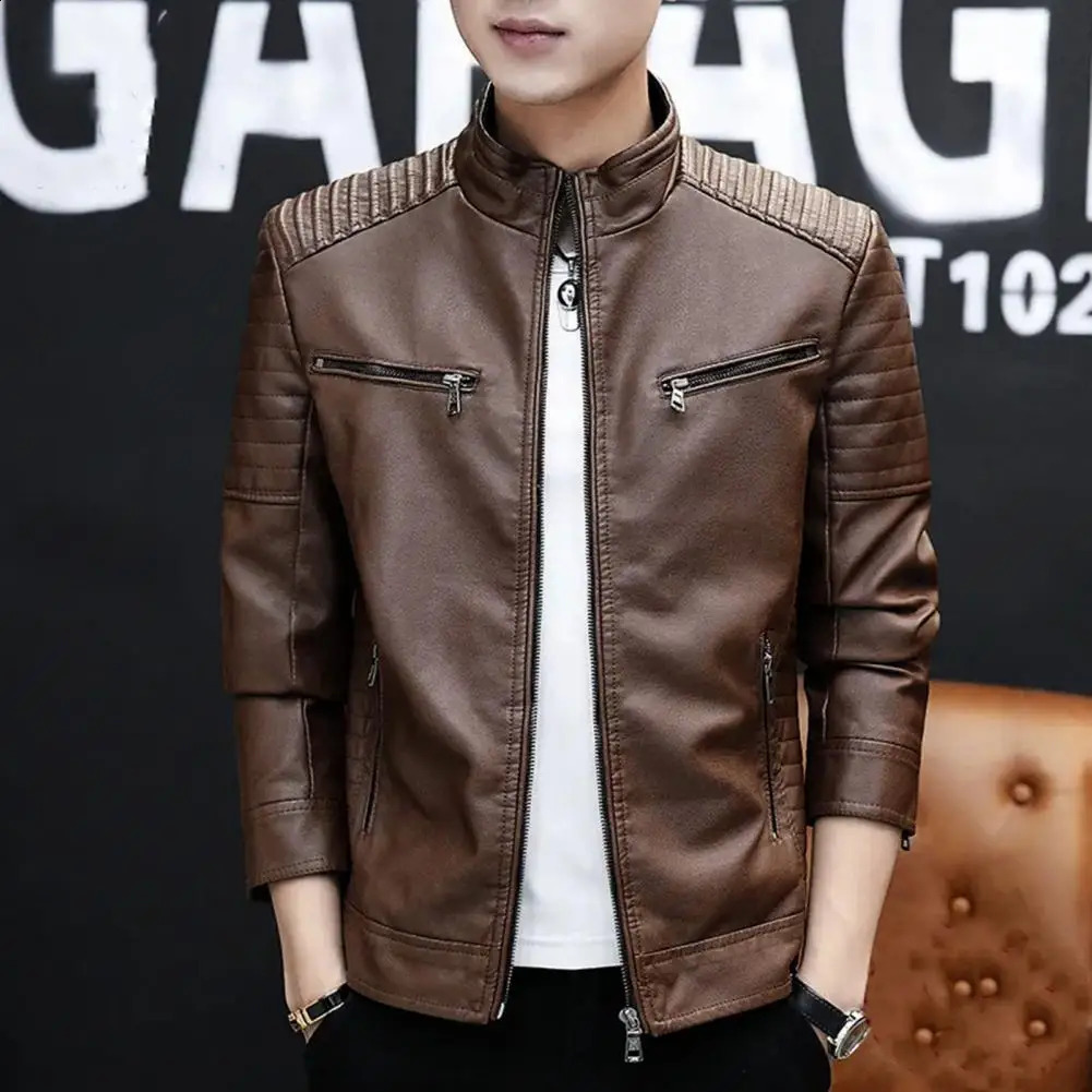 Men Faux Leather Jacket Fleece Lining Mens Fleecelined Stand Collar Stylish Pleated for Autumnwinter 250910