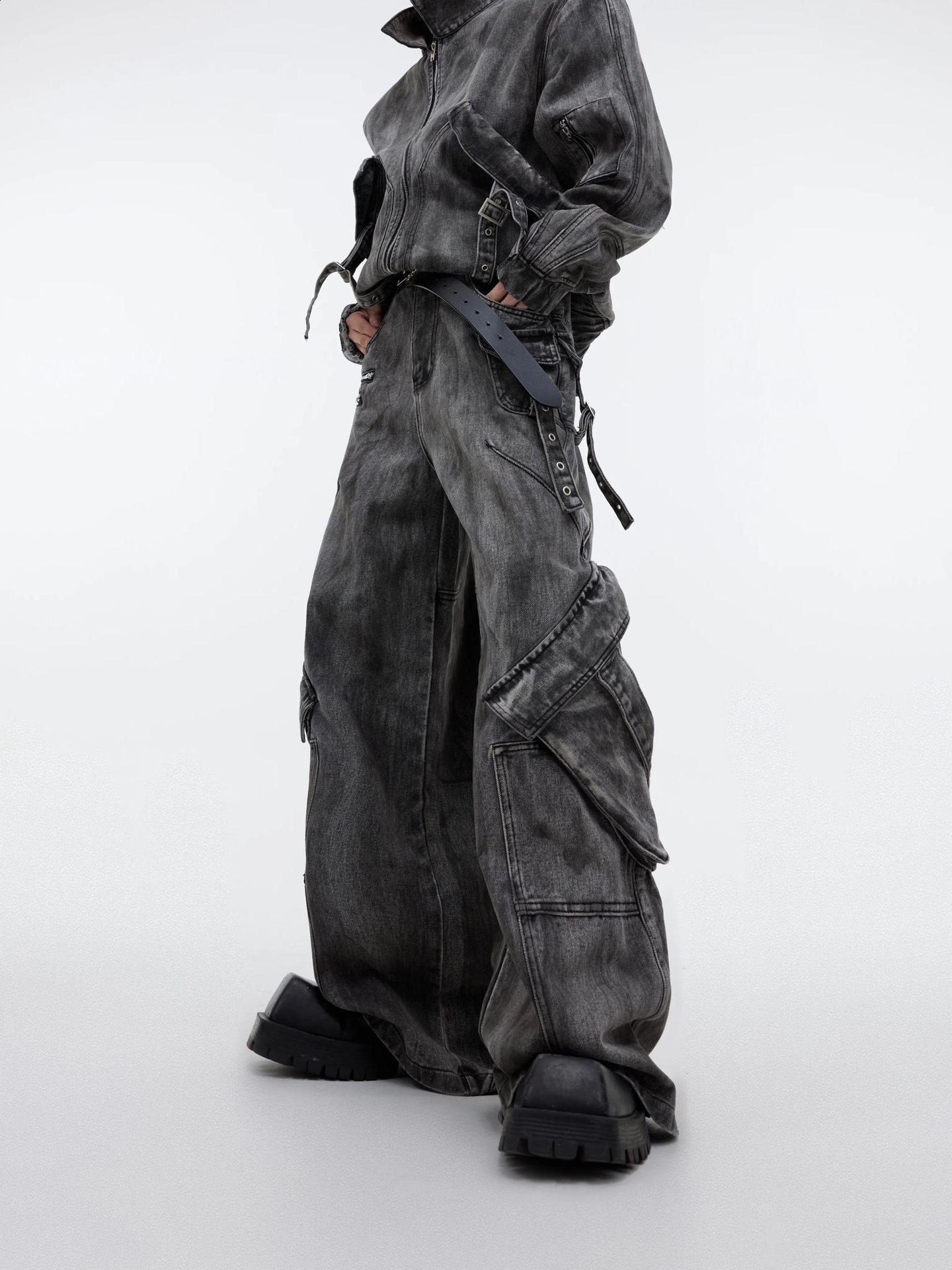 NOYMEI fashion mens denim two-piece set solid color autumn winter black cargo wide leg jeans short jacket WA3035 241030